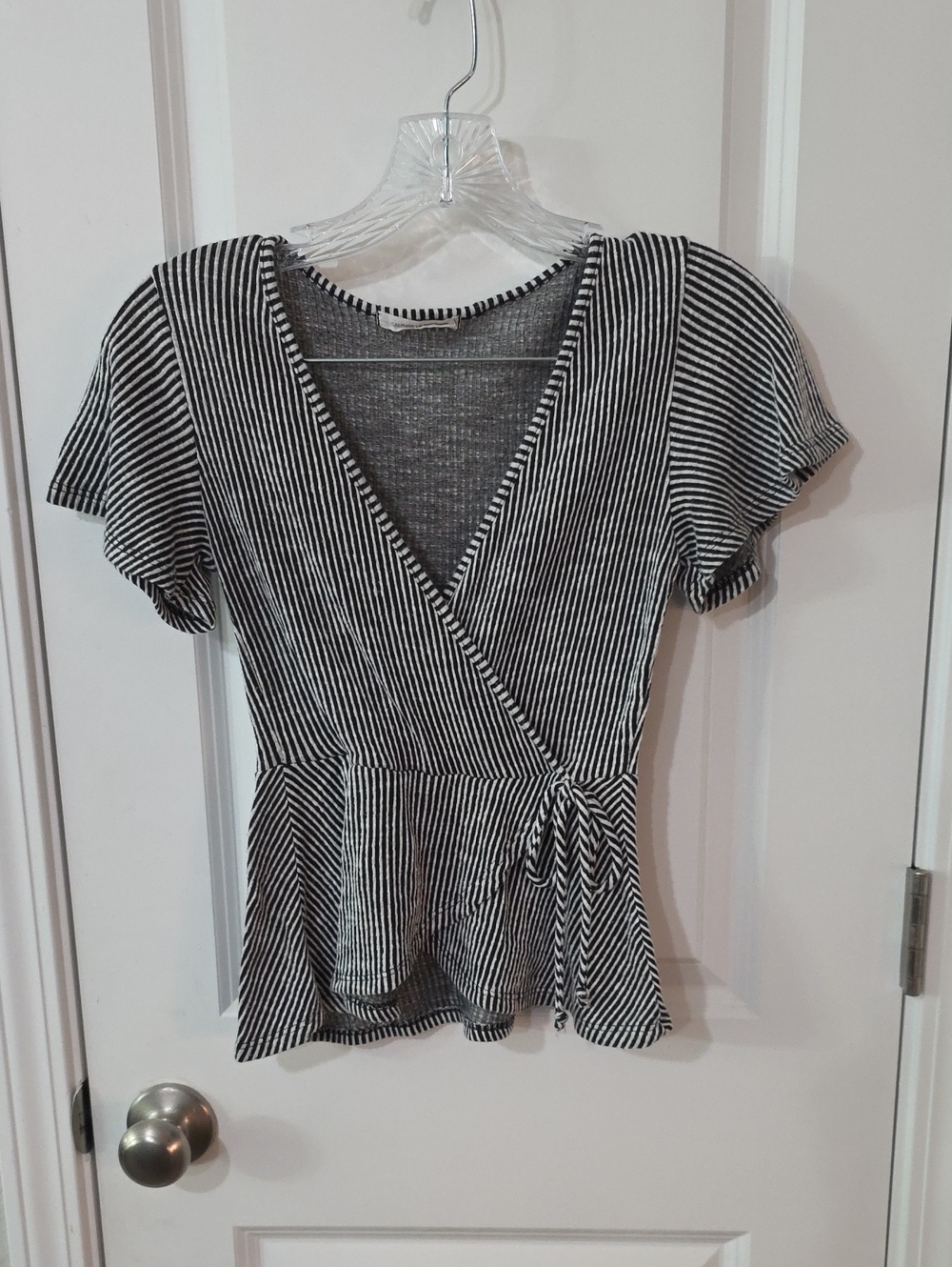 Caution To The Wind Black & White Striped Faux Wrap Peplum Top